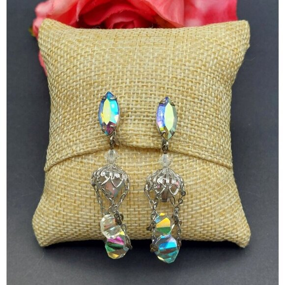 Vintage Lewis Segal AB Crystal Dangle Drop Clip On Earrings Silver Tone Formal - Picture 1 of 11